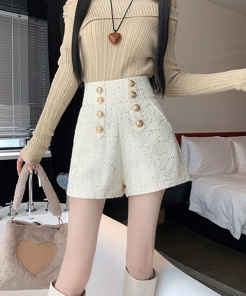 shopnikoniko（ショップニコニコ）の「ダブルボタン ラメツイード ショートパンツ（その他パンツ・レディース・ブラック/ホワイト・フリー）」の11枚目の写真