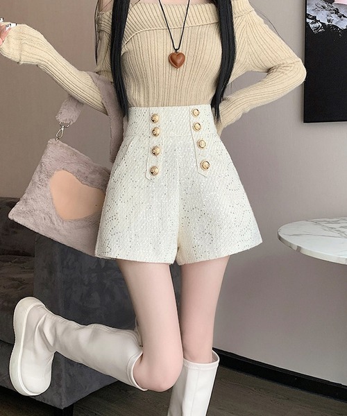 shopnikoniko（ショップニコニコ）の「ダブルボタン ラメツイード ショートパンツ（その他パンツ・レディース・ブラック/ホワイト・フリー）」の10枚目の写真