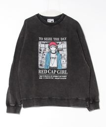 【Red Cap Girl/レッドキャップガール】スノーウォッシュ加工 裏毛プリントクルーネック 古着加工