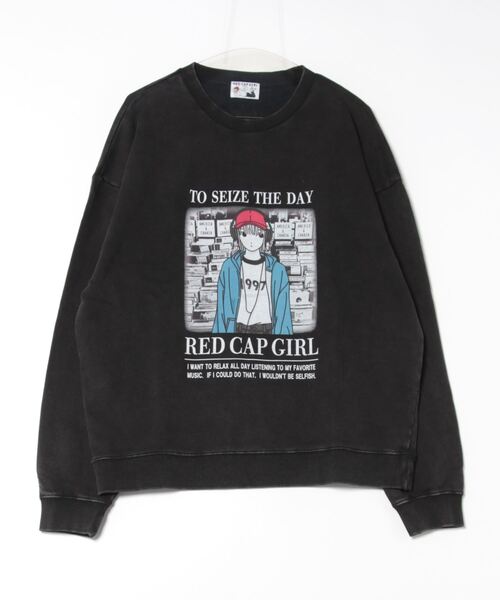 Red Cap Girl(レッドキャプガール)の「【Red Cap Girl/レッドキャップガール】スノーウォッシュ加工 裏毛プリントクルーネック 古着加工(スウェット・メンズ・ブラック/チャコールグレー・MEDIUM/LARGE)」の1枚目の写真