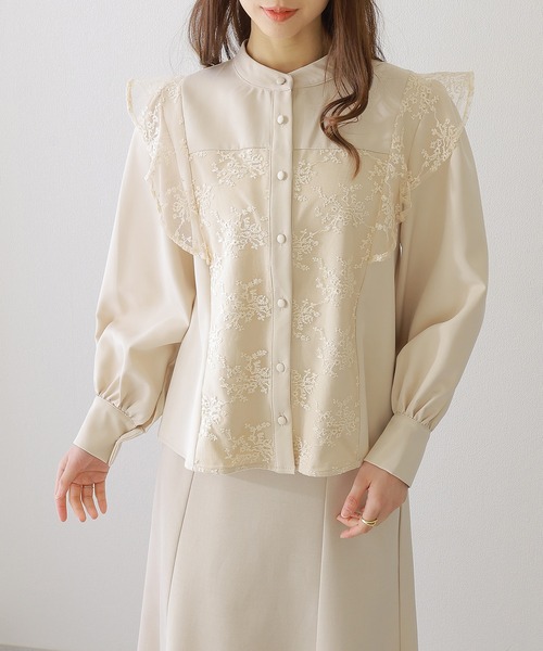 Lace Ladies（レースレディース）の「バンドカラー レース ドッキング 長袖 フレア ブラウス（シャツ/ブラウス・レディース・ネイビー/ベージュ/ブラック/ホワイト・FREE/S）」の3枚目の写真