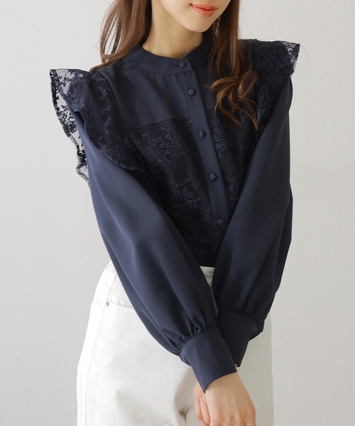 Lace Ladies（レースレディース）の「バンドカラー レース ドッキング 長袖 フレア ブラウス（シャツ/ブラウス・レディース・ネイビー/ベージュ/ブラック/ホワイト・FREE/S）」の4枚目の写真