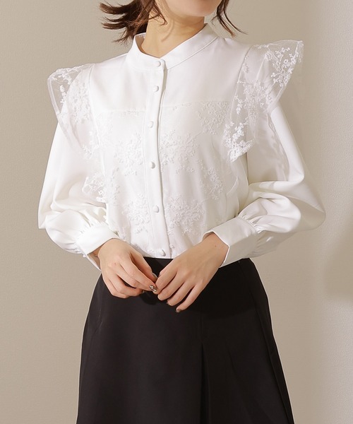 Lace Ladies（レースレディース）の「バンドカラー レース ドッキング 長袖 フレア ブラウス（シャツ/ブラウス・レディース・ネイビー/ベージュ/ブラック/ホワイト・FREE/S）」の6枚目の写真