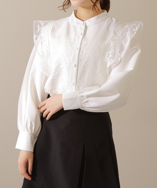 Lace Ladies（レースレディース）の「バンドカラー レース ドッキング 長袖 フレア ブラウス（シャツ/ブラウス・レディース・ネイビー/ベージュ/ブラック/ホワイト・FREE/S）」の7枚目の写真