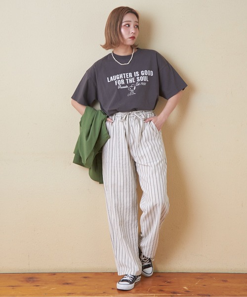 CUBE SUGAR(キューブシュガー)の「ストライプベルトヒモ付イージーギャザーパンツ(その他パンツ・レディース・ナチュラル/ブラック/カーキ/マルチ・M)」の6枚目の写真
