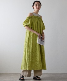 Indian cut work off shoulder one-piece インドカットワークオフショルワンピ