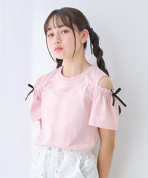 オープンショルダー リボン×ロゴプリント Tシャツ/カットソー（T
