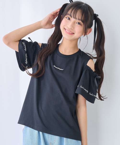 セール】オープンショルダー リボン×ロゴプリント Tシャツ/カットソー