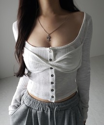 ※※【 3color 】フロントボタンオープンネックリブカットソートップス / front button open neck ribbed cutsew tops