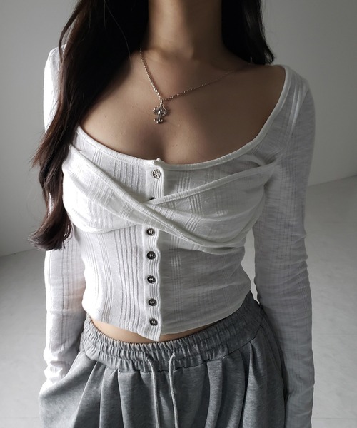 me+em select(ミームセレクト)の「※※【 3color 】フロントボタンオープンネックリブカットソートップス / front button open neck ribbed cutsew tops(Tシャツ/カットソー・レディース・ブラック/グレー/ホワイト・FREE)」の17枚目の写真
