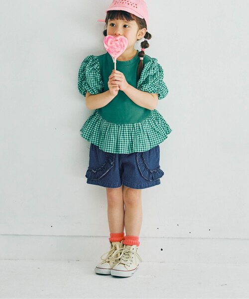 p.premier(ピードットプルミエ)の「サイドポケットフリルショートパンツ(その他パンツ・キッズ・ベージュ/インディゴブルー/カーキ/レッド・80/90/100/110/120/130/140)」の3枚目の写真