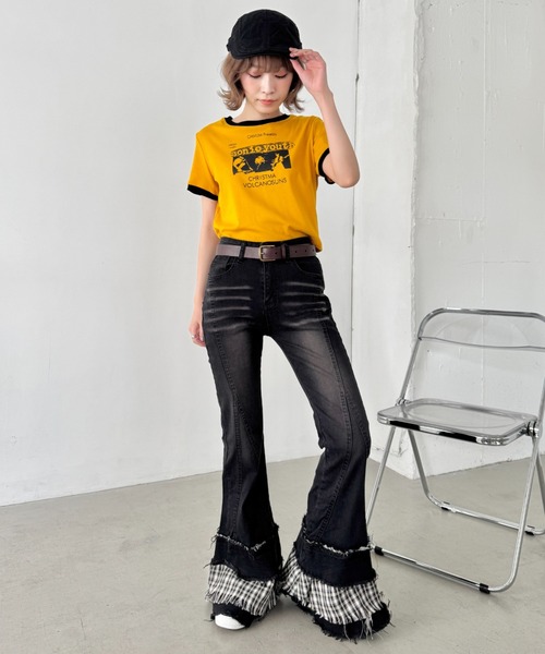 セール】チェック裾フリルデニムフレアパンツ（デニムパンツ）｜SOLLON