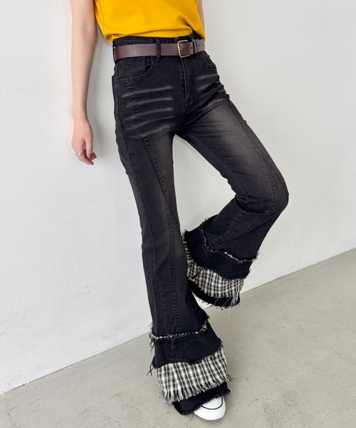 セール】チェック裾フリルデニムフレアパンツ（デニムパンツ）｜SOLLON
