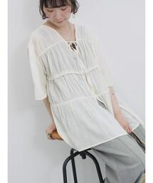 Samansa Mos2 blue | リボンギャザーティアードブラウス(シャツ/ブラウス)