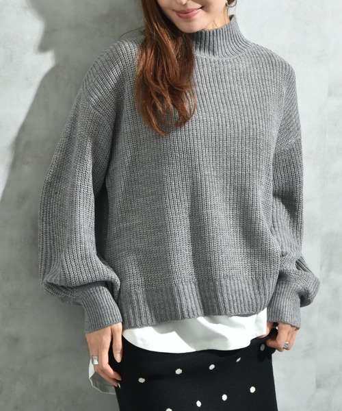 グレー ハイネック 編み込みセーター セール】片畦編みハイネックプルオーバー（ニット/セーター