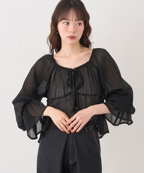 earth music&ecology（アースミュージックアンドエコロジー）の「ナローリボンくしゅくしゅギャザーブラウス（シャツ/ブラウス・レディース・アイボリー/ブラック/ブラウン/その他1・FREE）」の3枚目の写真