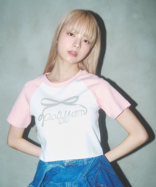 Poly Jam(ポリージャム)の「Raglan logo T-shirt / ラグランロゴTシャツ(Tシャツ/カットソー・レディース・ピンク/ブラック/ホワイト・FREE)」の1枚目の写真