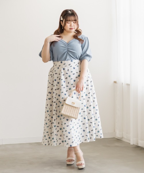 CLETTE(クレット)の「シャーリングハートネック半袖ニット(ニット/セーター・レディース・ピンク/グリーン/パープル/イエロー/ブラック/レッド/ブルー/オフホワイト・LL/4L/3L)」の16枚目の写真