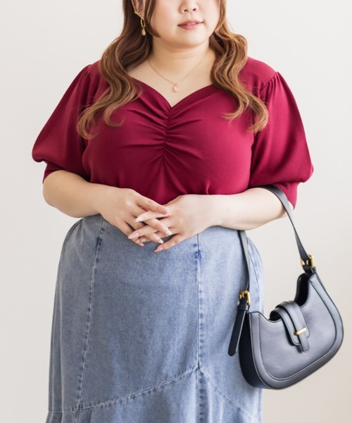 CLETTE(クレット)の「シャーリングハートネック半袖ニット(ニット/セーター・レディース・ピンク/グリーン/パープル/イエロー/ブラック/レッド/ブルー/オフホワイト・LL/4L/3L)」の20枚目の写真