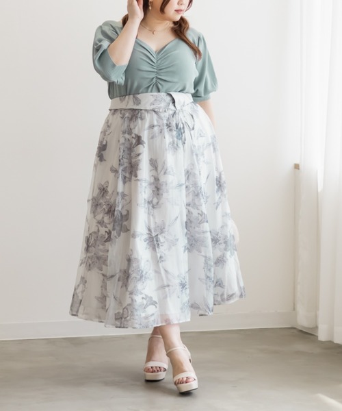 CLETTE(クレット)の「シャーリングハートネック半袖ニット(ニット/セーター・レディース・ピンク/グリーン/パープル/イエロー/ブラック/レッド/ブルー/オフホワイト・LL/4L/3L)」の12枚目の写真