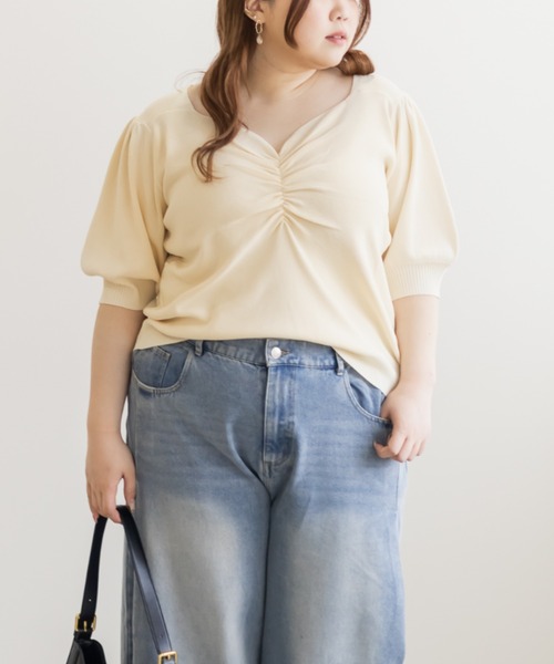 CLETTE(クレット)の「シャーリングハートネック半袖ニット(ニット/セーター・レディース・ピンク/グリーン/パープル/イエロー/ブラック/レッド/ブルー/オフホワイト・LL/4L/3L)」の18枚目の写真