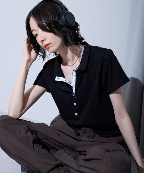 leimn(レイムン)の「レイヤード風ポロシャツ(ポロシャツ・レディース・ブラック/チャコールグレー・FREE)」の1枚目の写真