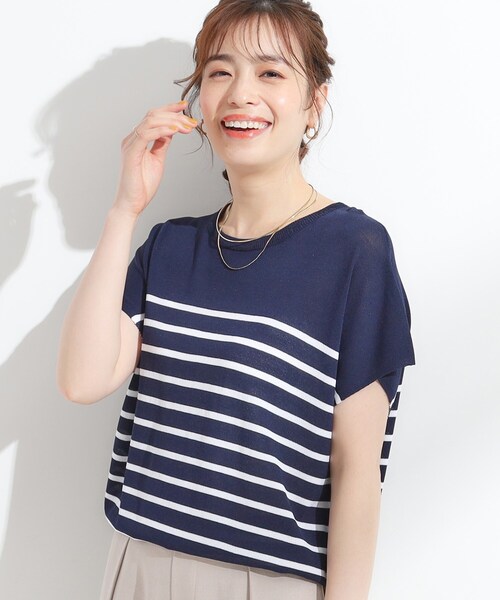 DRESKIP（ドレスキップ）の「【ひんやり/S-LL】さらさらな肌触りが心地よい フレンチスリーブニット（ニット/セーター・レディース・ブルー/ブラック/ネイビー系2/ダークオレンジ・01/03/04/02）」の3枚目の写真