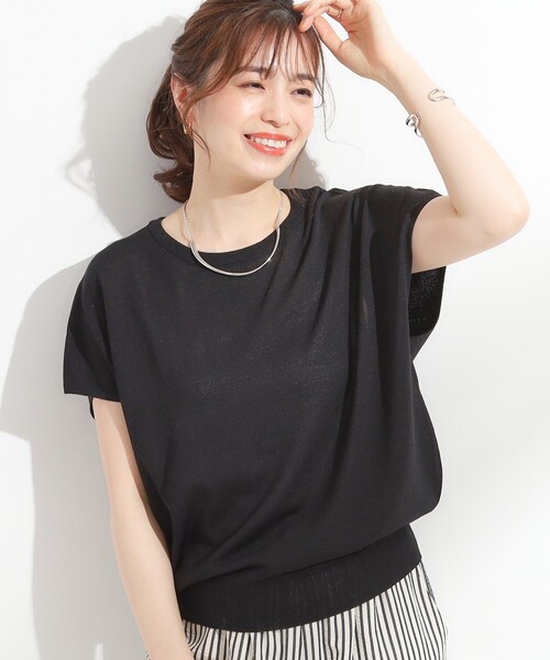 DRESKIP（ドレスキップ）の「【ひんやり/S-LL】さらさらな肌触りが心地よい フレンチスリーブニット（ニット/セーター・レディース・ブルー/ブラック/ネイビー系2/ダークオレンジ・01/03/04/02）」の2枚目の写真