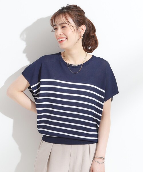 DRESKIP（ドレスキップ）の「【ひんやり/S-LL】さらさらな肌触りが心地よい フレンチスリーブニット（ニット/セーター・レディース・ブルー/ブラック/ネイビー系2/ダークオレンジ・01/03/04/02）」の6枚目の写真