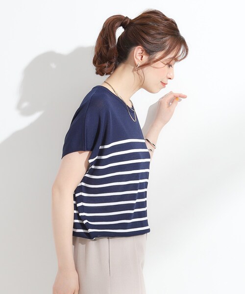 DRESKIP（ドレスキップ）の「【ひんやり/S-LL】さらさらな肌触りが心地よい フレンチスリーブニット（ニット/セーター・レディース・ブルー/ブラック/ネイビー系2/ダークオレンジ・01/03/04/02）」の7枚目の写真