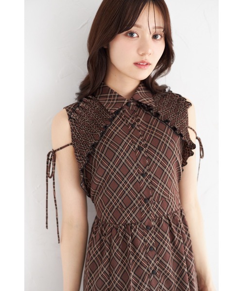 リボン付きプリーツフリル切り替えチェック柄シャツワンピース リボン付きプリーツフリル切り替えチェック柄シャツワンピース