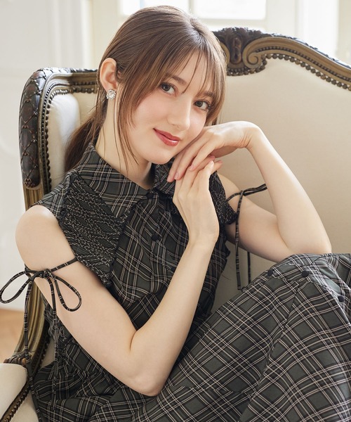 リボン付きプリーツフリル切り替えチェック柄シャツワンピース