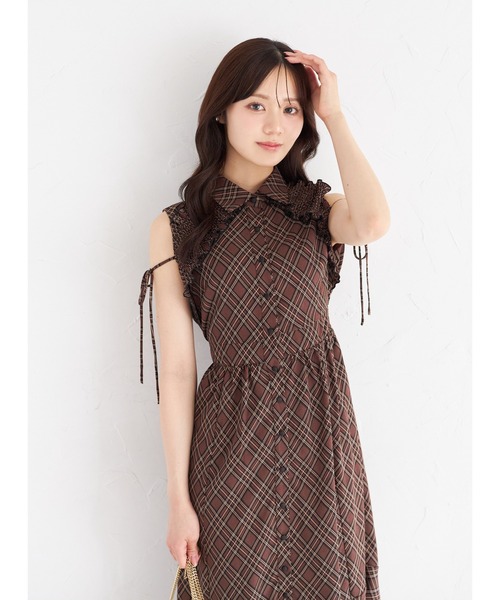 リボン付きプリーツフリル切り替えチェック柄シャツワンピース リボン付きプリーツフリル切り替えチェック柄シャツワンピース