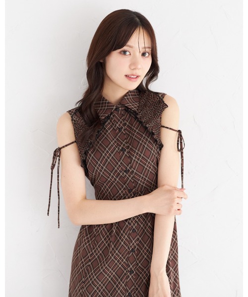リボン付きプリーツフリル切り替えチェック柄シャツワンピース トッコクローゼット tocco closet リボン付きプリーツフリル