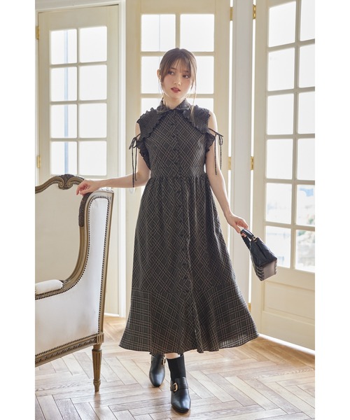 リボン付きプリーツフリル切り替えチェック柄シャツワンピース リボン付きプリーツフリル切り替えチェック柄シャツワンピース