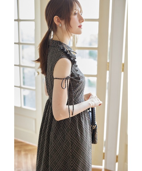 リボン付きプリーツフリル切り替えチェック柄シャツワンピース