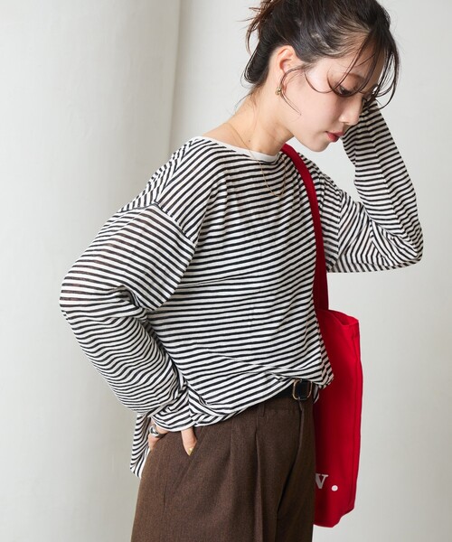 限定展開 シアー ボーダー ロング スリーブ Tシャツ（Tシャツ