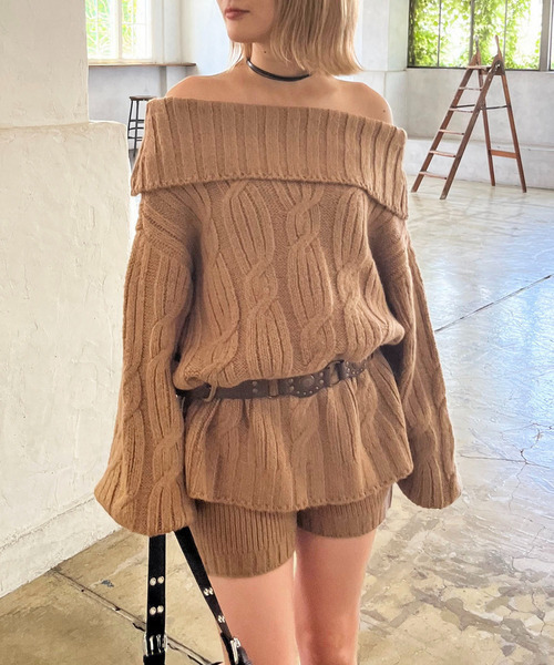 SPIRALGIRL（スパイラルガール）の「オフショルニット×ショートパンツ（ニット/セーター・レディース・グレー/ブラック/ベージュ・FREE）」の21枚目の写真