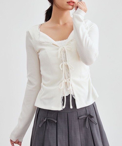 Lace Ladies(レースレディース)の「フロント リボン 配レース リブ カーディガン(カーディガン/ボレロ・レディース・グレー/グレイッシュベージュ/アイボリー・FREE)」の14枚目の写真