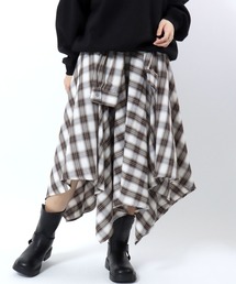 チェックシャツ巻き風イレヘムフレアスカート/ロングスカート レディース
