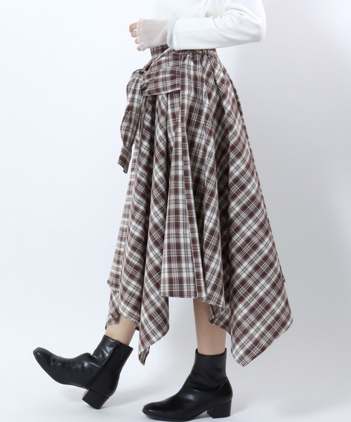 セール】チェックシャツ巻き風イレヘムフレアスカート/ロング セール】チェックシャツ巻き風イレヘムフレアスカート/ロング