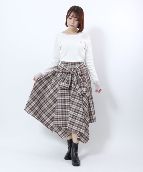 セール】チェックシャツ巻き風イレヘムフレアスカート/ロング セール】チェックシャツ巻き風イレヘムフレアスカート/ロング
