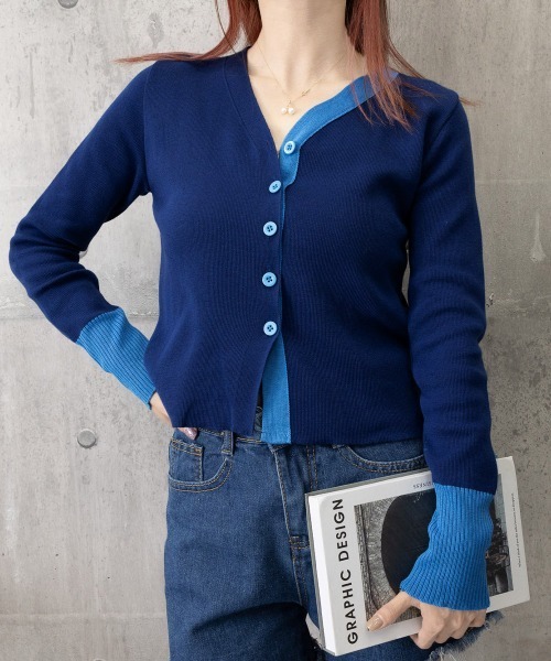 Miniministore(ミニミニストア)の「バイカラーニットカーディガンレイヤード風(ニット/セーター・レディース・ブラック/ホワイト/ネイビー・FREE)」の7枚目の写真