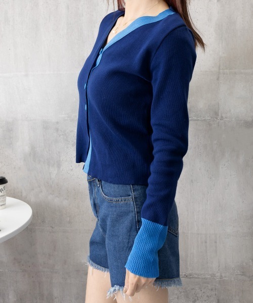 Miniministore(ミニミニストア)の「バイカラーニットカーディガンレイヤード風(ニット/セーター・レディース・ブラック/ホワイト/ネイビー・FREE)」の9枚目の写真