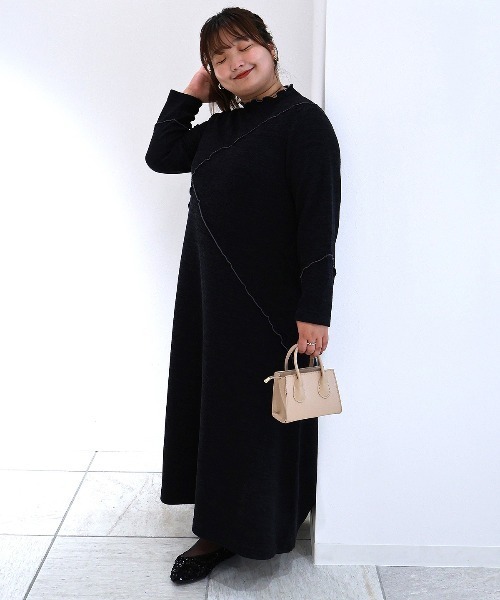 leswel（レスウェル）の「【yuki×leswel】【L～3L 大きいサイズ】ダブルジャージー配色メローワンピース（ワンピース・レディース・ブルー/チャコールグレー・L/3L/LL）」の3枚目の写真