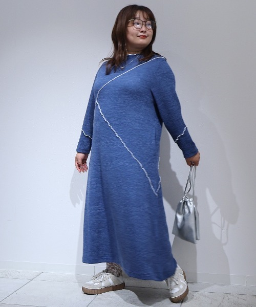 leswel（レスウェル）の「【yuki×leswel】【L～3L 大きいサイズ】ダブルジャージー配色メローワンピース（ワンピース・レディース・ブルー/チャコールグレー・L/3L/LL）」の9枚目の写真
