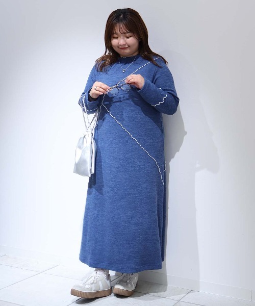 leswel（レスウェル）の「【yuki×leswel】【L～3L 大きいサイズ】ダブルジャージー配色メローワンピース（ワンピース・レディース・ブルー/チャコールグレー・L/3L/LL）」の10枚目の写真