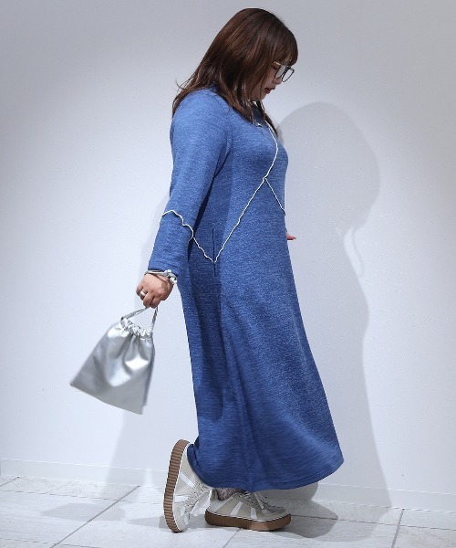 leswel（レスウェル）の「【yuki×leswel】【L～3L 大きいサイズ】ダブルジャージー配色メローワンピース（ワンピース・レディース・ブルー/チャコールグレー・L/3L/LL）」の12枚目の写真