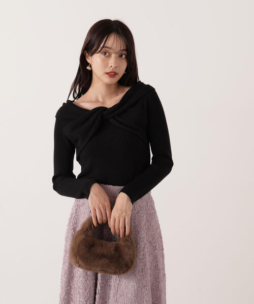 PROPORTION BODY DRESSING(プロポーションボディドレッシング)の「リボンオフショルリブニット / 1215270115(ニット/セーター・レディース・ブルー/ブラック/ホワイト系その他・FREE)」の1枚目の写真