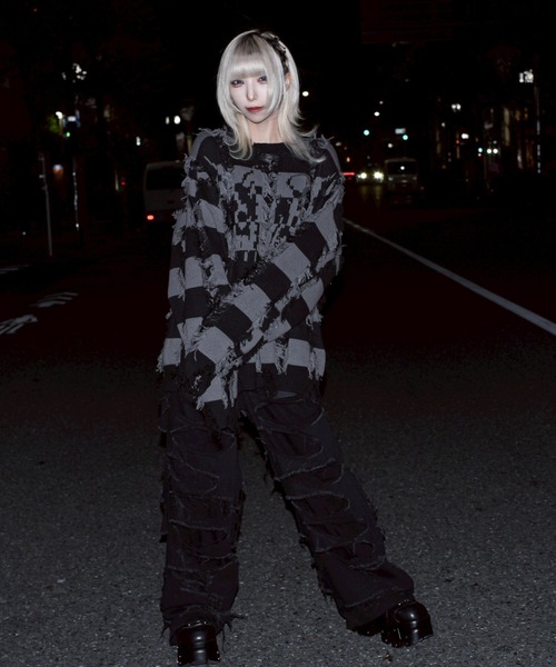 REFLEM/レフレム』ダメージボーダーニットPO/ニットプルオーバー